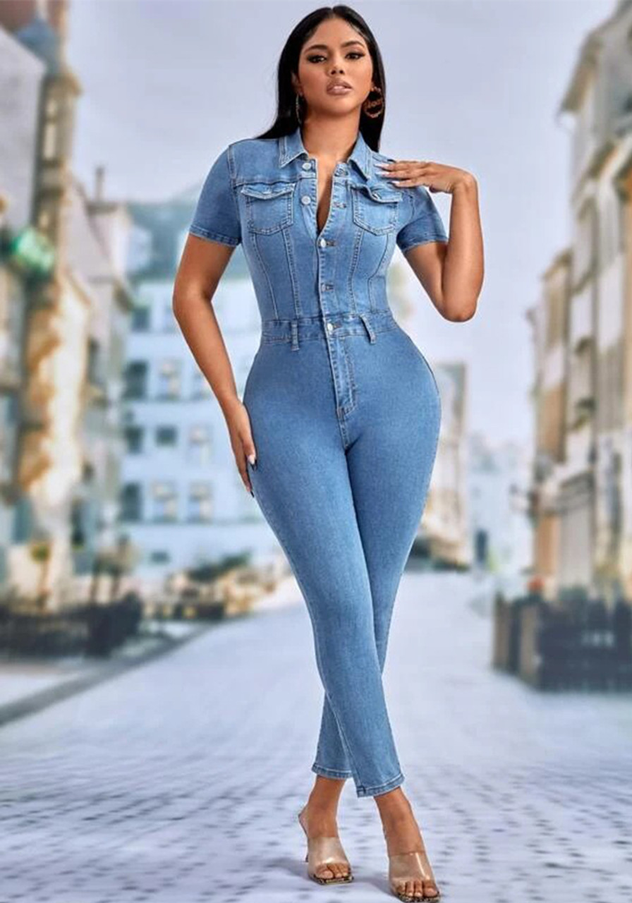 New Women's Fashion Sexy Slim Fit Denim Overalls Blue Skinny Jeans Jumpsuit  Ladies Femme Deep V Neck Sleeveless Bandage Bodysuit Long Pants Romper |  Wish