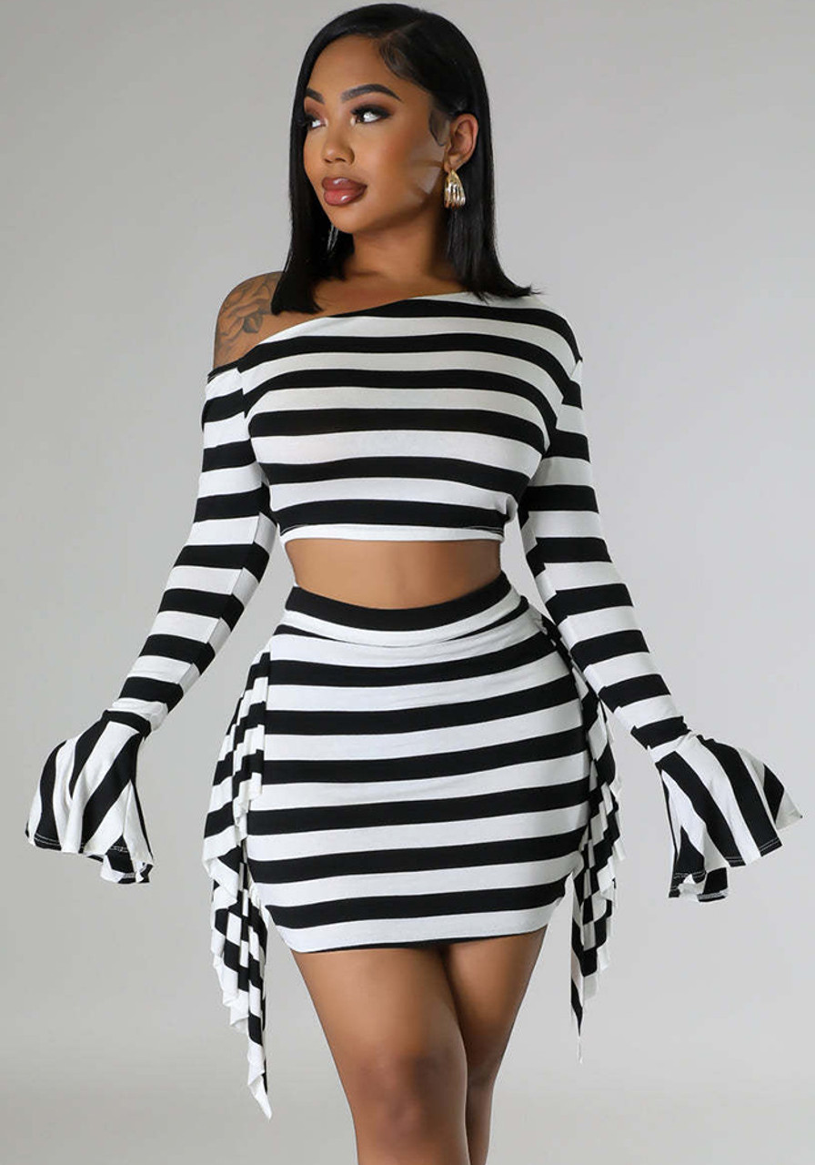 Black and white striped top and clearance skirt set