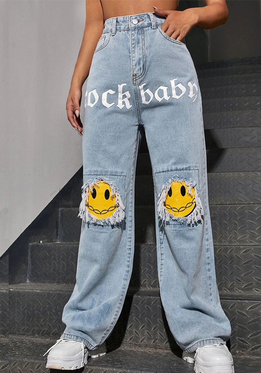 Denim Wide Leg Pants Ripped Patch Denim Jeans - The Little Connection