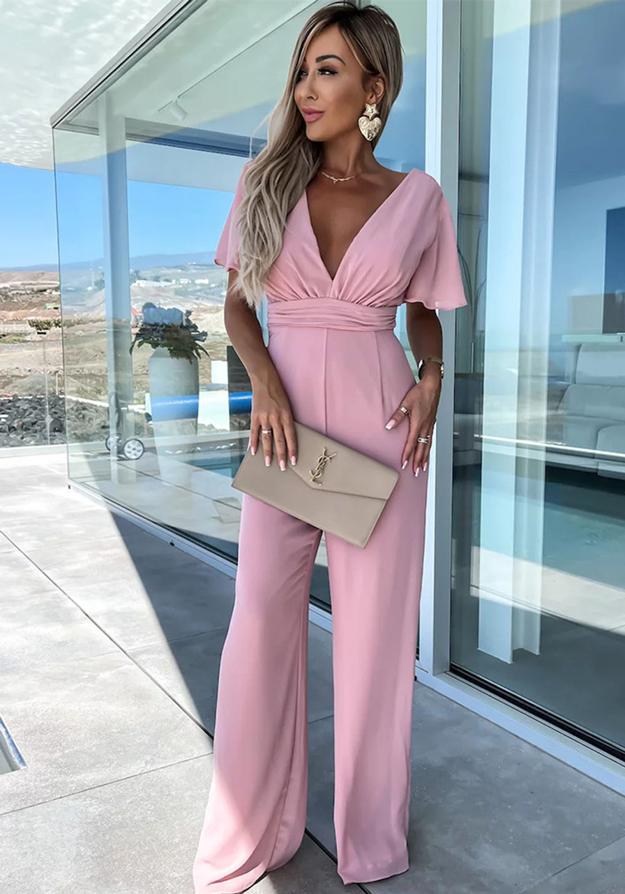 The Little Connection Spring Summer V Neck Casual Short Sleeve Loose Holidays Wide Leg Jumpsuit Women Light Purple M