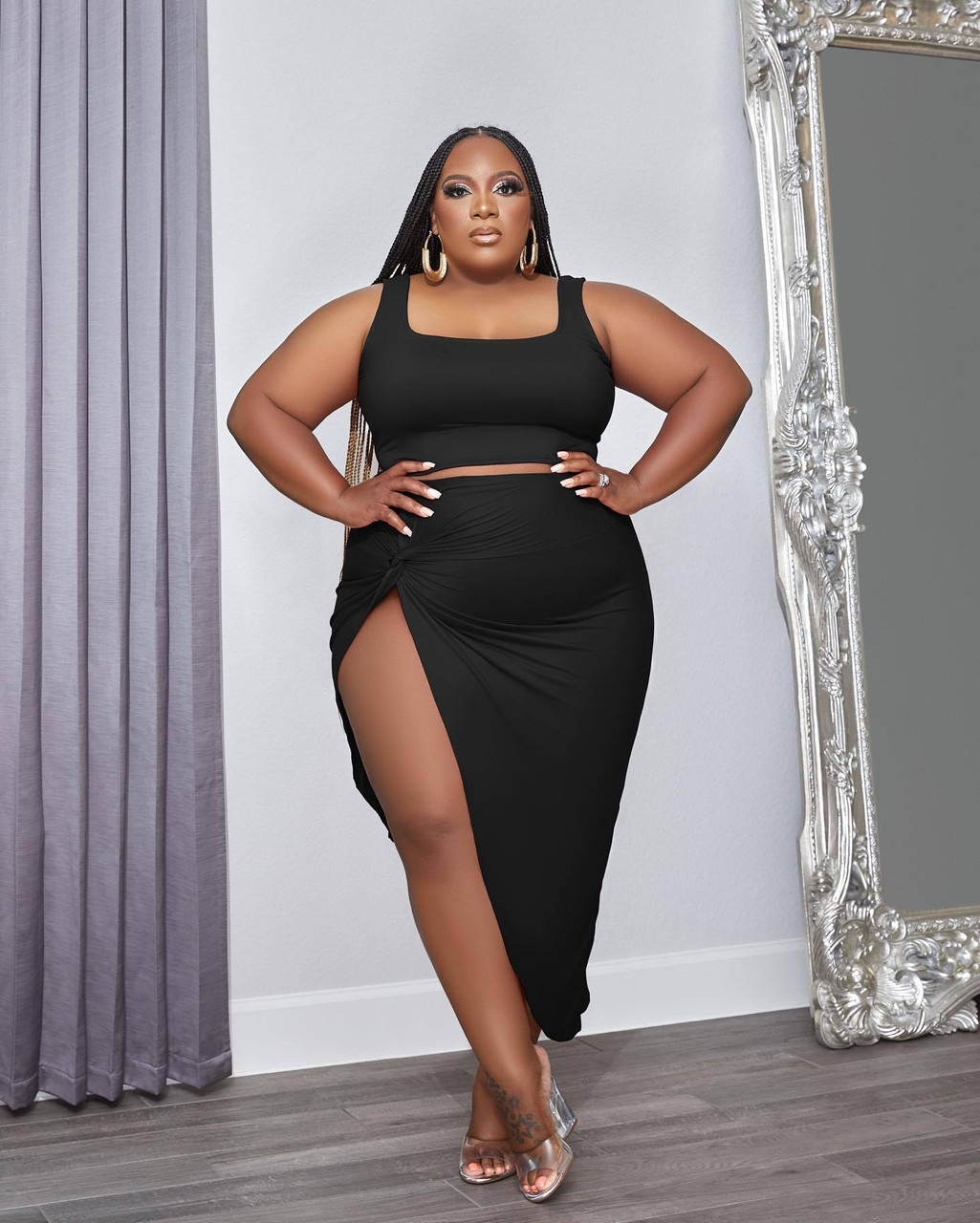 Plus Size Women 2 Piece Outfits Sets Sexy Tracksuit Midi Dress