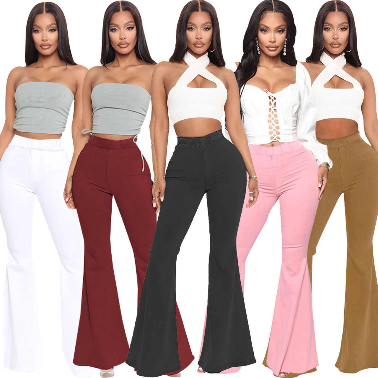 Women Bell Bottoms Flare Trousers High Waist Stretch Vertical Stripe Long  Pants