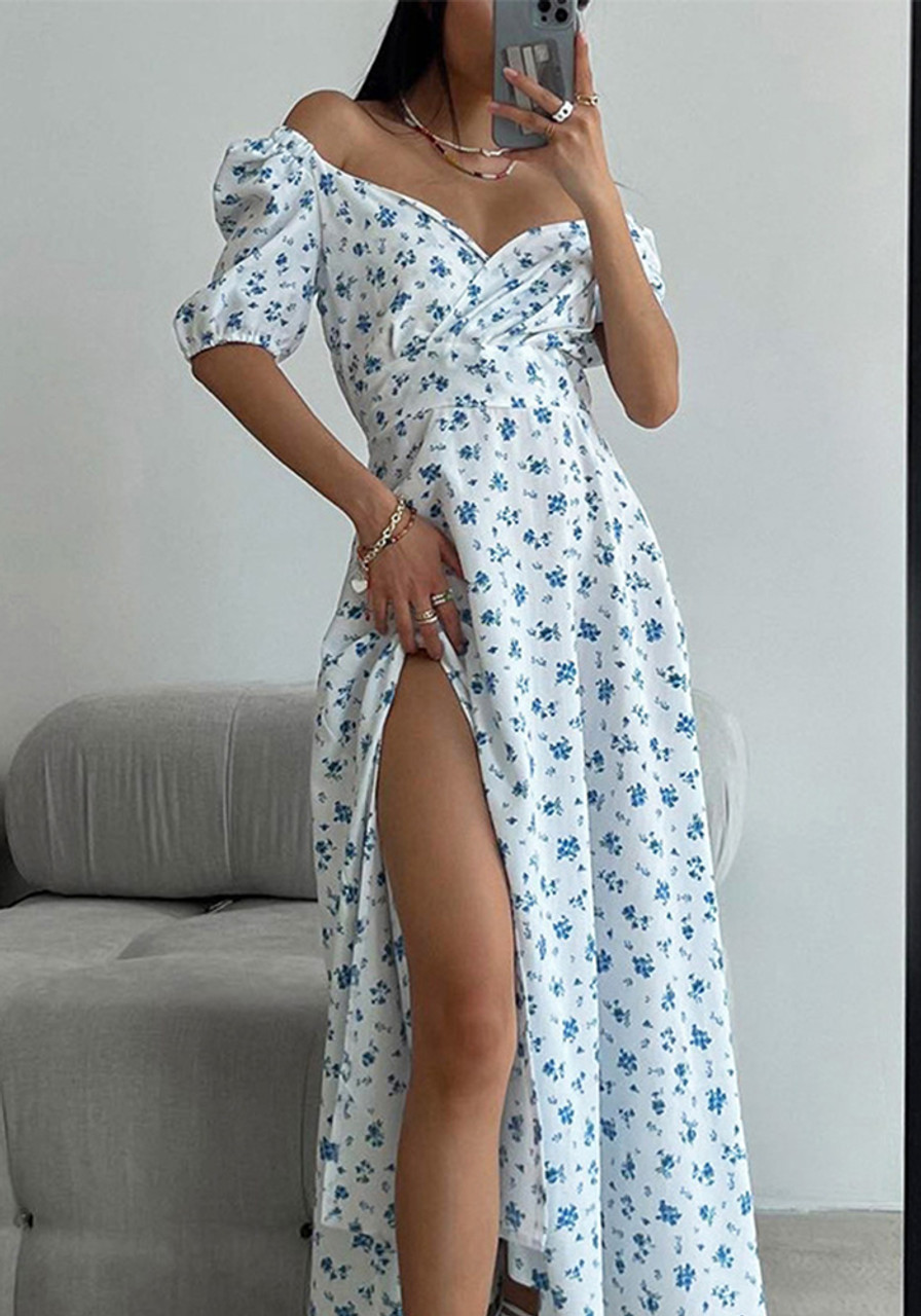 Daisy Summer Dress Sweetheart Neckline, off Shoulder Maxi Dress Puffed Bell  Seeves, Romantic Slit Dress Long, Floral Prairie Dress One Size - Etsy