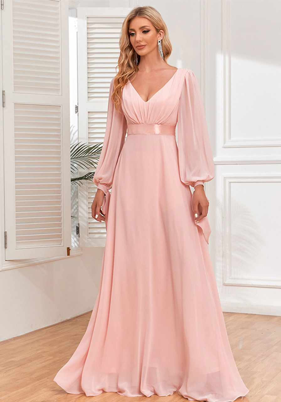 Long Sleeves V- Neckline Chiffon Evening Dress CD0192 – Sparkly Gowns