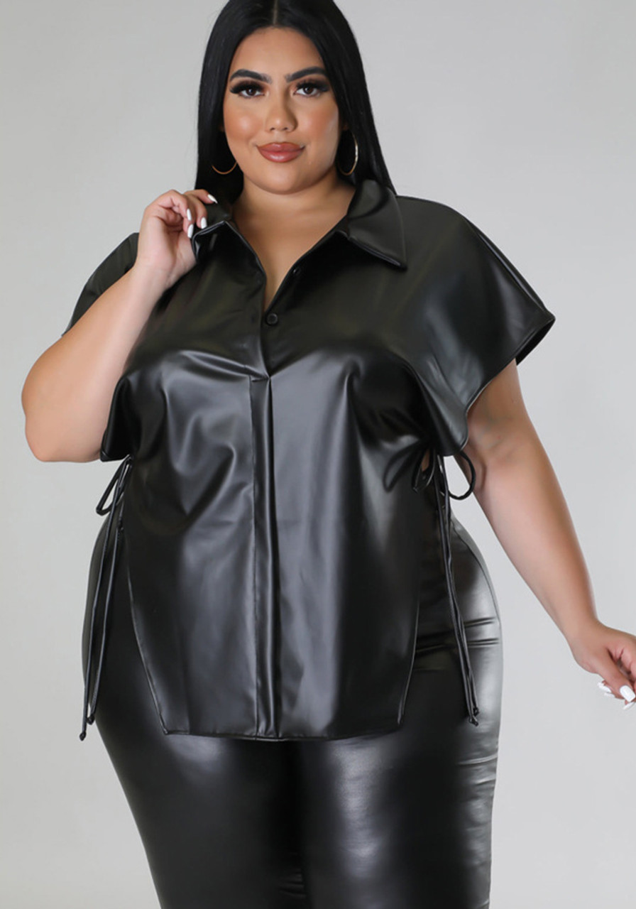 Plus Size Women's Pu Leather Shirt Summer Casual Loose Fit Solid Top - The  Little Connection