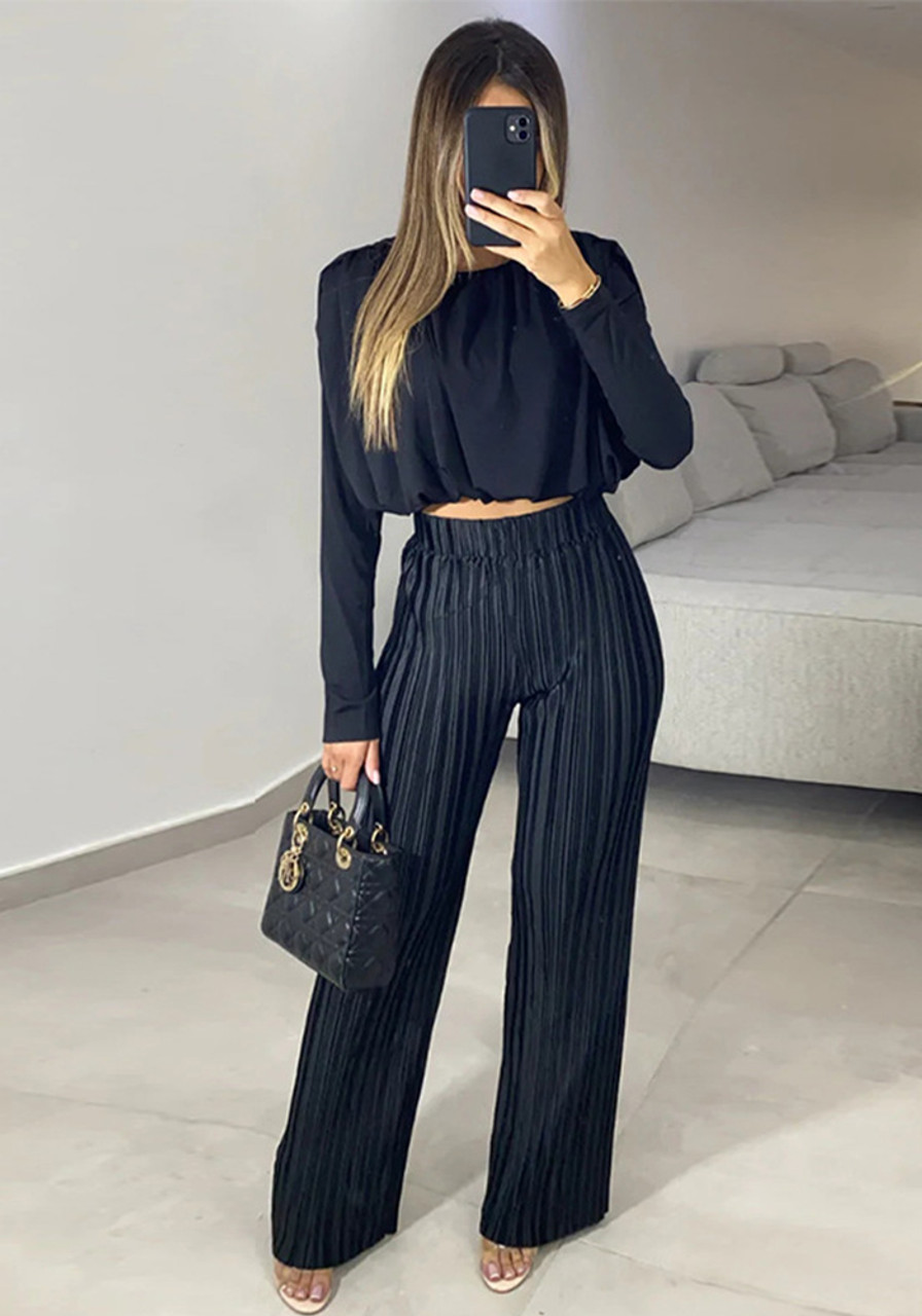 Women Two Pieces Set Long Sleeve with Waist Belt High Waist Wide