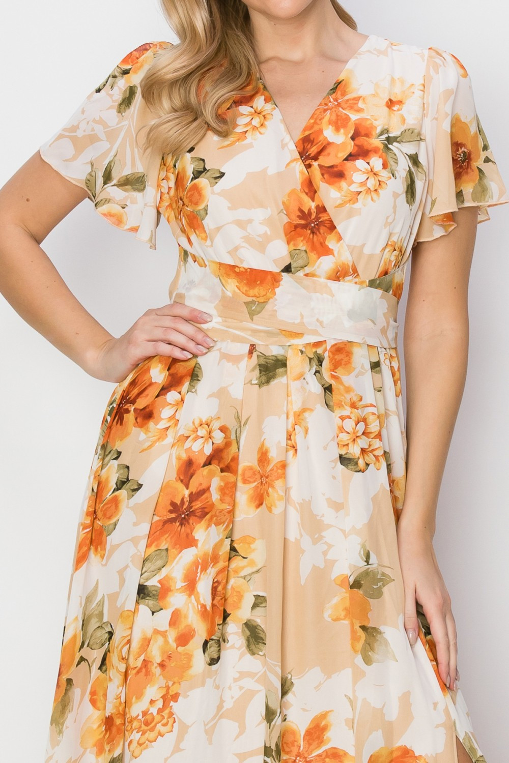 Slit Sleeves Floral Print Maxi Dress