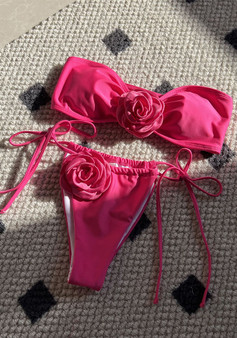 Solid Rose Strapless Drawstring Lace-Up Two Pieces Bikini Swimsuit