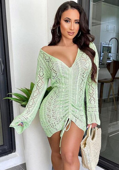 Women V neck hollow long sleeve Knitting dress