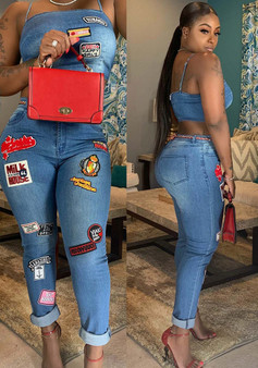 Women Sexy Cartoon Denim Top and Pant Set