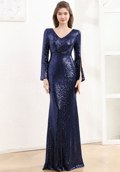 Women's Long Sleeve Formal Party Chic French Luxurious Sequined Mermaid Long Evening Dress