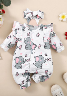 Infant And Toddler Spring And Autumn Baby Elephant Print Long-Sleeved Jumpsuit + Headwear