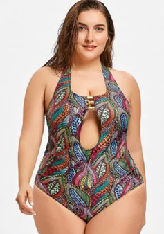 Plus Size Women Printed Backless One Piece Swimwear