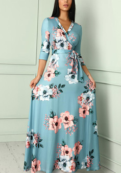 Autumn Three Quarter Sleeve Floral Printed Women's V Neck Maxi Dress