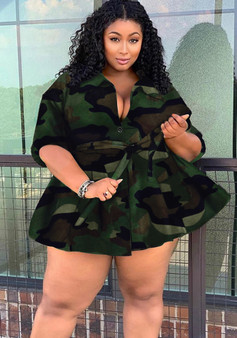 Women Turndown Collar Lace-Up Camouflage dress