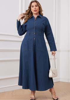 Plus Size Women Women Denim Turndown Collar Long Sleeve Dress