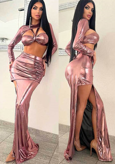 Women Solid Long Sleeve Sexy Top and Slit Long Skirt Two Piece Set