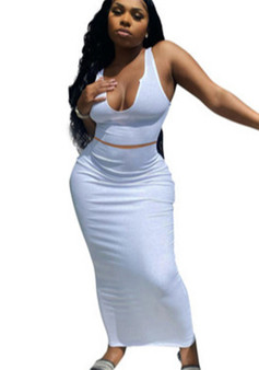 Women Summer Solid Sleeveless Top and Skirt Two-piece Set