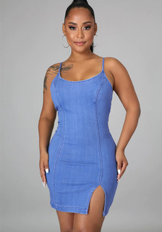 Straps Sleeveless Slit Stretch Denim Bodycon Dress