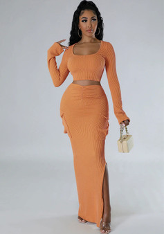 U-neck Tight Fitting short top with high waist and slit Bodycon long skirt autumn and winter two-piece set