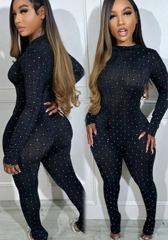 Women Sexy See-Through Mesh Bodycon Long Sleeve Jumpsuit