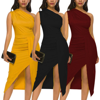 Women Sexy Solid Color Ruched One-Shoulder Slit Dress