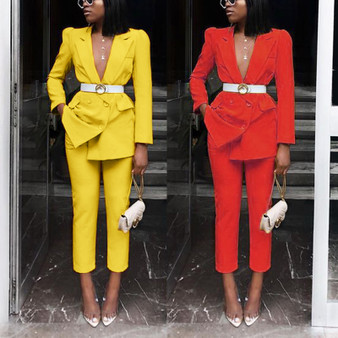 Women autumn and winter long-sleeved suit + Pant Slim solid color two-piece suit