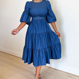 Fall Women'S Solid Round Neck Half-Sleeve Denim Dress