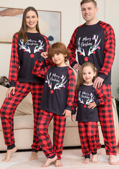 Christmas Family Wear Antler Print Plaid Long Sleeve Pajama Two-piece Set