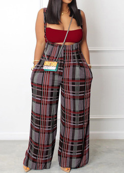 Women'S Plaid Casual Wide Leg Loose Bib Pants