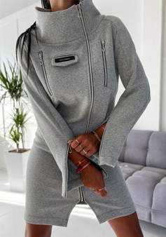 Women autumn gray high collar zipper dress