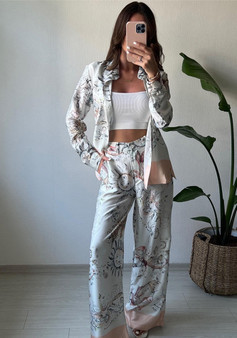 Women Spring/Summer Print Long Sleeve Top and Wide Leg Pants Two-piece Set