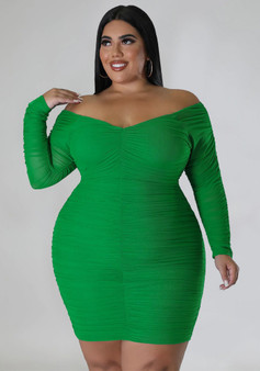 Plus Size Women Fall Off Shoulder Long Sleeve Bodycon Dress