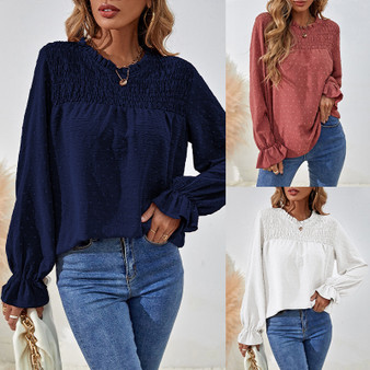 Autumn New Women'S Clothing Solid Color Jacquard Round Neck Long-Sleeved Top Straight T-Shirt