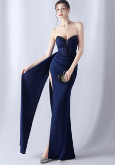 Women fishbone beaded high-end slit evening dress