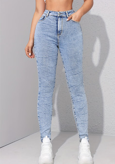 Women High Waist Pants Washed Contrast Color Stretch Denim Pants