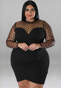 Plus Size Sexy Mesh Patchwork Long Sleeve Bodycon Nightclub Women'S Dress