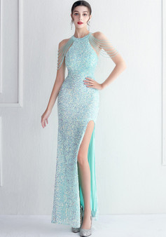 Beading Formal Party Chic Elegant Long Halter Neck Split Sequins Evening Dress