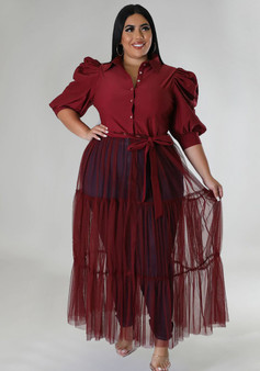 Plus Size Women Fall Lace-Up See-Through mesh Shirt Dress