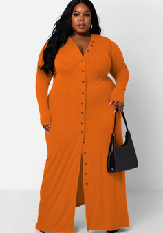 Plus Size Women Long Sleeve Ribbed Slit Dress