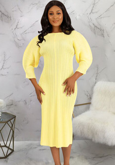 Women'S Round Neck Solid Long Sleeve Pleated Midi Dress