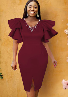 Women V-Neck Ruffle Sleeve Slit Beaded Dress