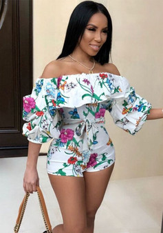 Women's Floral Print Ruffled Off Shoulder Half Sleeve Sexy Nightclub Jumpsuit