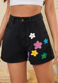 Women Colorful Floral Print Casual Black Denim Shorts