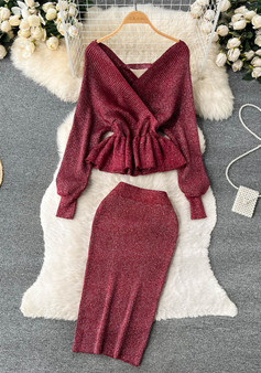 Autumn And Winter Style Suit For Women V-Neck Ruffled Short Knitting Shirt Bodycon Skirt Two-Piece Set