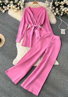 Women autumn lace-up long-sleeved knitting cardigan jacket and loose wide-leg pants two-piece set