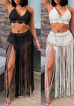 Women Beach Bikini Top and Fringed Skirt Two-piece Set