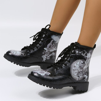 Winter Square Heel Adult Print Pattern Wear-Resistant Black Lace-Up Martin Boots