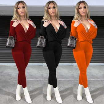 Women's Fashion Casual Sexy Solid Color V-Neck Pleated Loose Long Sleeve Trousers Two Piece Set