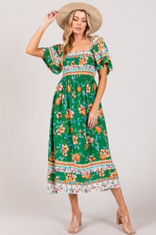 SAGE + FIG Printed Smocked Short Sleeve Midi Dress